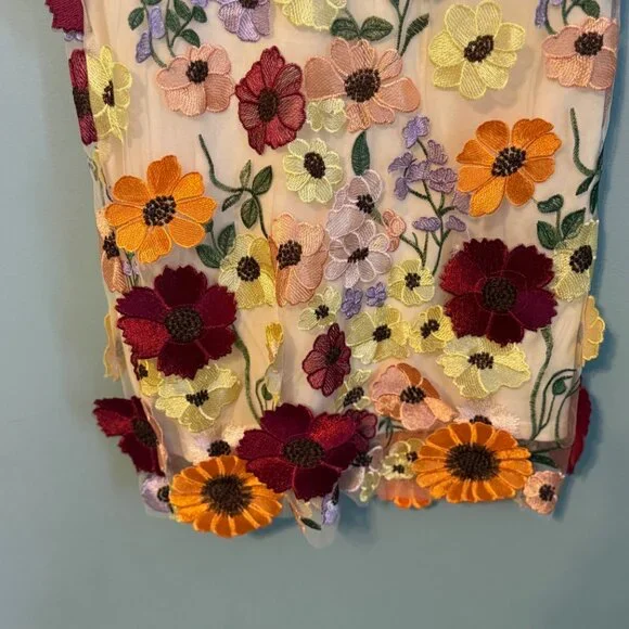 Anewsta Embroidered Floral Applique Mini Dress - Ivory Multi - Size Large - Picture 8 of 10